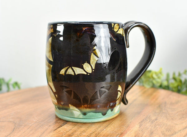 Bat Halloween Large Coffee Mug, Drippy Sparkle Black Stoneware Pottery Ceramic Cup with Turquoise Base, Punk Gothic Decor, Handmade Gift