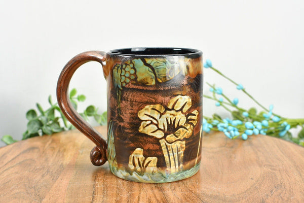 Hummingbird Handmade Pottery Mug Gift for Her, Copper, Teal Blue and Cream Floral Ceramic Coffee Cup, Stoneware Hand Painted, Microwave Safe