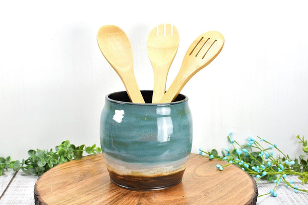 Ceramic Utensil Holder Crock for Kitchen Countertop, Pottery Organizer in Dark Copper, Beachy Tourmaline Blue, Flower Pot, Housewarming Gift