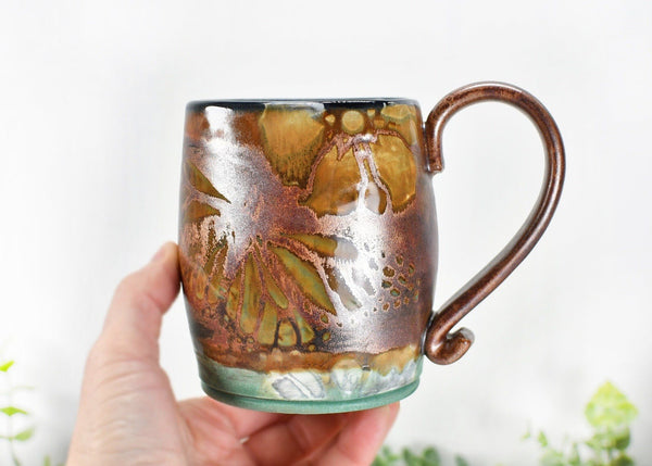 Handmade Pottery Mug Butterfly Floral Gift for Her in Copper, Teal Blue and Cream Ceramic Coffee Cup, Stoneware Hand Painted, Microwave Safe