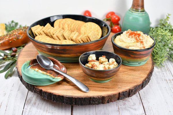 Chip and Dip Ceramic Bowl Set, Handmade Copper and Turquoise Detached Snack Stoneware Pottery Party Serving Dishes