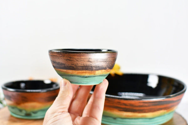 Chip and Dip Ceramic Bowl Set, Handmade Copper and Turquoise Detached Snack Stoneware Pottery Party Serving Dishes