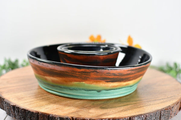 Chip and Dip Ceramic Bowl Set, Handmade Copper and Turquoise Detached Snack Stoneware Pottery Party Serving Dishes