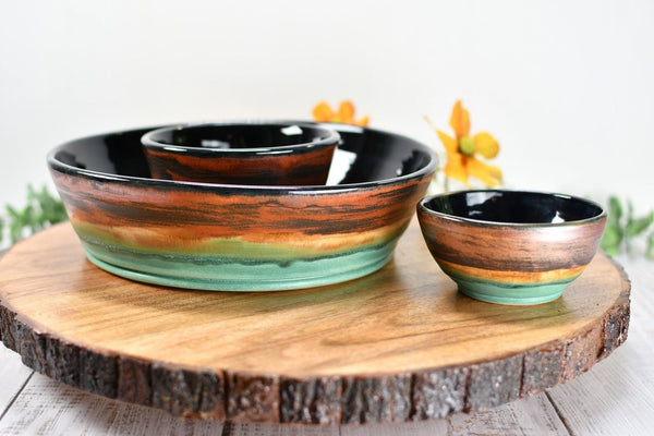 Chip and Dip Ceramic Bowl Set, Handmade Copper and Turquoise Detached Snack Stoneware Pottery Party Serving Dishes