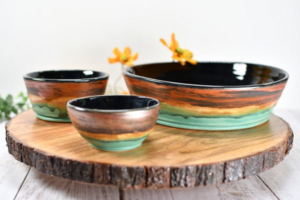 Chip and Dip Ceramic Bowl Set, Handmade Copper and Turquoise Detached Snack Stoneware Pottery Party Serving Dishes