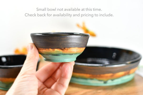 Chip and Dip Ceramic Bowl Set, Handmade Bronze Copper and Turquoise Satin Patina Green Detached Snack Stoneware Pottery Party Serving Dishes