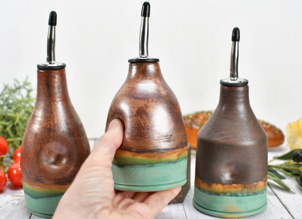 Ceramic Olive Oil Bottle Cruet Dispenser in Copper, Bronze & Patina Turquoise Green, Handmade Anniversary Gift Stoneware Pottery, or Vase