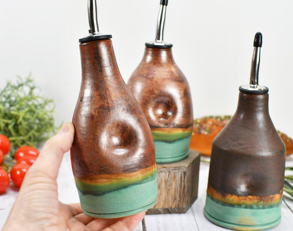 Ceramic Olive Oil Bottle Cruet Dispenser in Copper, Bronze & Patina Turquoise Green, Handmade Anniversary Gift Stoneware Pottery, or Vase