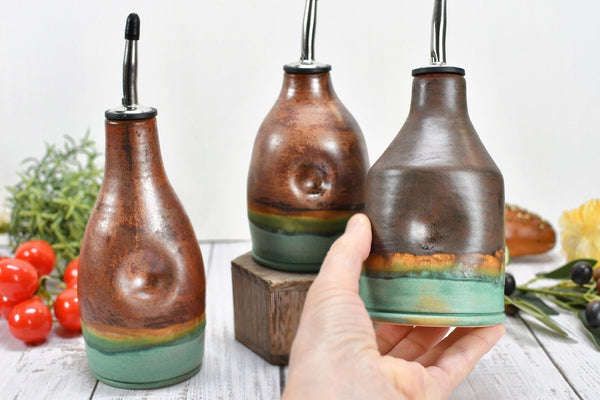 Ceramic Olive Oil Bottle Cruet Dispenser in Copper, Bronze & Patina Turquoise Green, Handmade Anniversary Gift Stoneware Pottery, or Vase