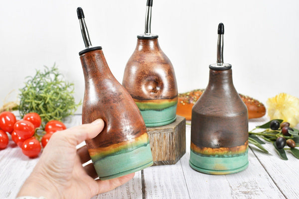 Ceramic Olive Oil Bottle Cruet Dispenser in Copper, Bronze & Patina Turquoise Green, Handmade Anniversary Gift Stoneware Pottery, or Vase