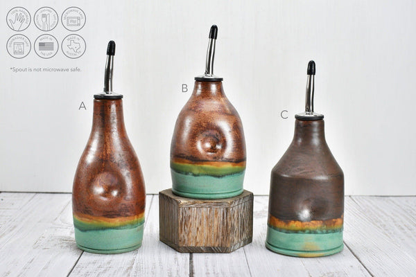 Ceramic Olive Oil Bottle Cruet Dispenser in Copper, Bronze & Patina Turquoise Green, Handmade Anniversary Gift Stoneware Pottery, or Vase