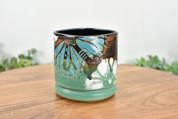 Handmade Pottery Tumbler Cup, Butterfly Abstract Floral Ceramic Stoneware Hand Painted Copper, Turquoise Blue, Patina Green Christmas Gift for Her