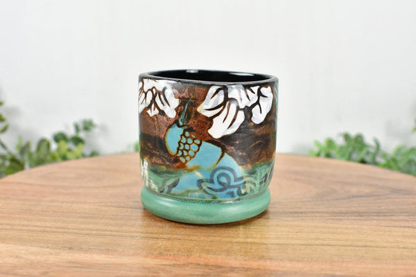 Handmade Pottery Tumbler Cup, Hummingbird Abstract Floral Ceramic Stoneware Hand Painted Copper, Turquoise Blue, Patina Green Christmas Gift for Her