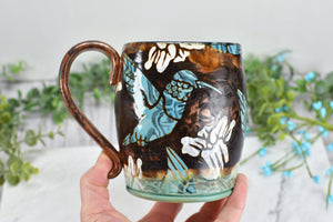 Hummingbird Handmade Pottery Cup & Abstract Floral Ceramic Stoneware Hand Painted Copper, Turquoise Blue, Teal Green Christmas Gift for Her