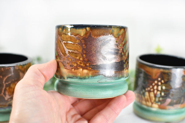 Monarch Butterfly Handmade Pottery Tumbler Cup, Small Abstract Floral Ceramic Stoneware Hand Painted in Copper, Patina Green, Cream, Microwave Safe