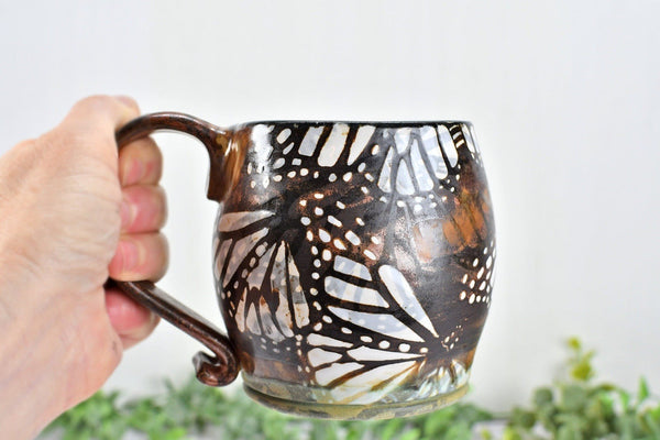 Monarch Butterfly Handmade Ceramic Coffee Mug, Copper Glazed Pottery Seconds Stoneware Cup - Orange, Green, White, Black - Her Unique Gift