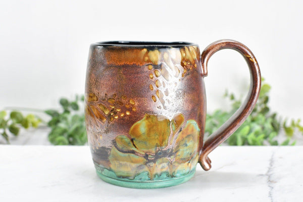 Handmade Pottery Mug Butterfly Floral Gift for Her in Copper, Teal Blue and Cream Ceramic Coffee Cup, Stoneware Hand Painted, Seconds Sale