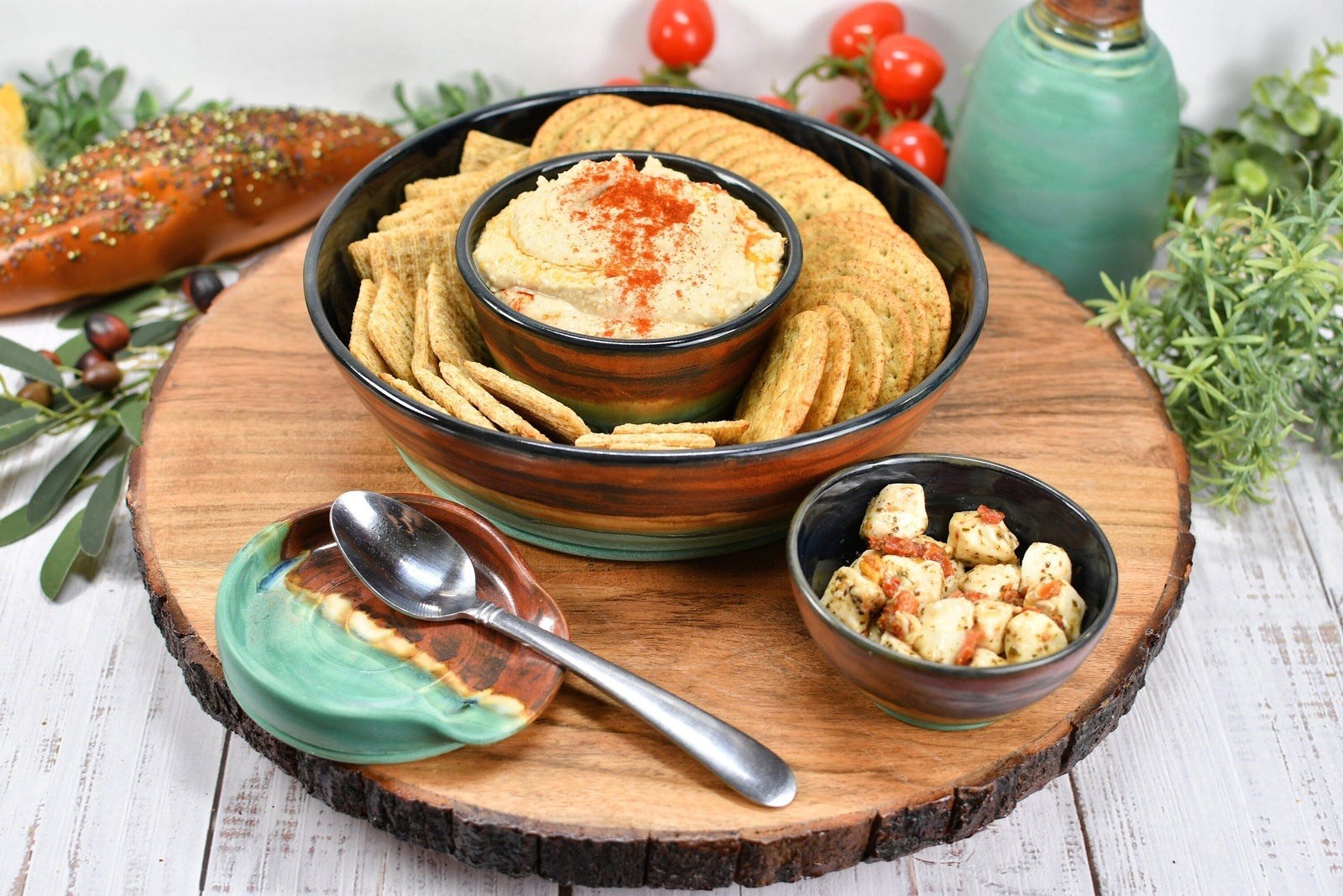 Chip and Dip Ceramic Bowl Set, Handmade Copper and Turquoise Detached Snack Stoneware Pottery Party Serving Dishes