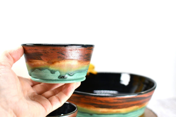 Chip and Dip Ceramic Bowl Set, Handmade Copper and Turquoise Detached Snack Stoneware Pottery Party Serving Dishes
