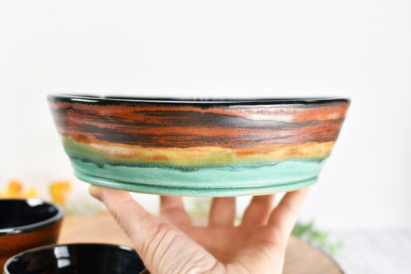 Chip and Dip Ceramic Bowl Set, Handmade Copper and Turquoise Detached Snack Stoneware Pottery Party Serving Dishes