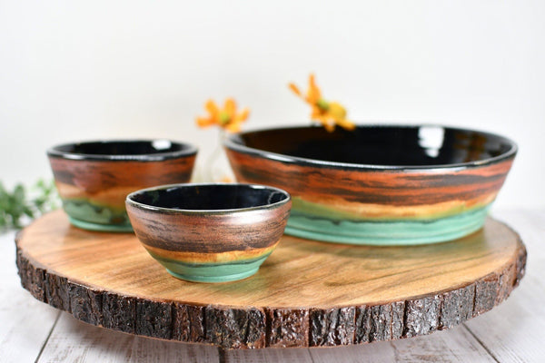 Chip and Dip Ceramic Bowl Set, Handmade Copper and Turquoise Detached Snack Stoneware Pottery Party Serving Dishes