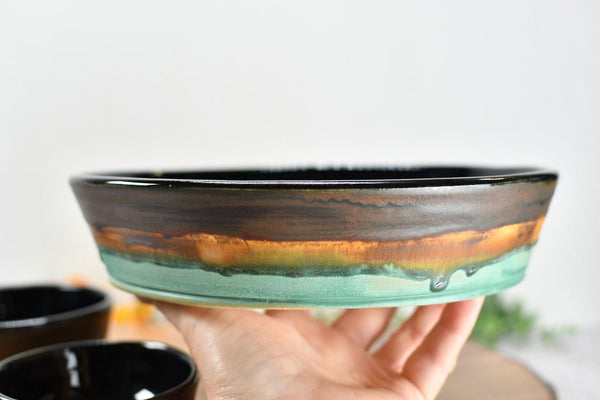Chip and Dip Ceramic Bowl Set, Handmade Bronze Copper and Turquoise Satin Patina Green Detached Snack Stoneware Pottery Party Serving Dishes