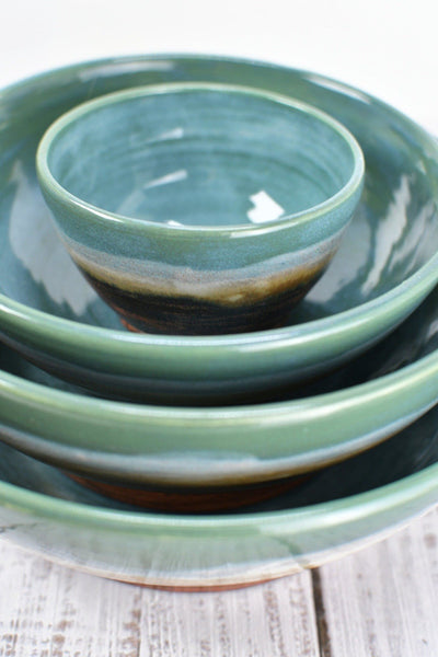 Nested Ceramic Bowl Set, Handmade Beachy Copper and Turquoise Stoneware Pottery Party Serving Dishes for Housewarming Wedding and Birthday