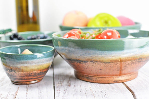 Nested Ceramic Bowl Set, Handmade Beachy Copper and Turquoise Stoneware Pottery Party Serving Dishes for Housewarming Wedding and Birthday