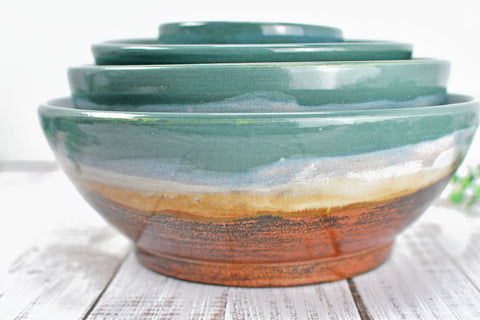 Nested Ceramic Bowl Set, Handmade Beachy Copper and Turquoise Stoneware Pottery Party Serving Dishes for Housewarming Wedding and Birthday