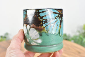 Handmade Pottery Tumbler Cup, Butterfly Abstract Floral Ceramic Stoneware Hand Painted Copper, Turquoise Blue, Patina Green Christmas Gift for Her