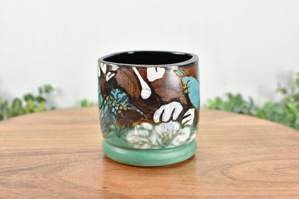 Handmade Pottery Tumbler Cup, Hummingbird Abstract Floral Ceramic Stoneware Hand Painted Copper, Turquoise Blue, Patina Green Christmas Gift for Her