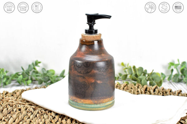 Handmade Ceramic Lotion / Soap Dispenser with Sugar Skulls, Stoneware Pottery in Copper Green Bronze Teal for Bathroom & Kitchen Home Decor