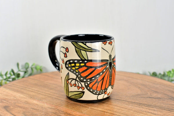 Monarch Butterfly Handmade Pottery Mug, Ceramic Coffee Cup, Stoneware Hand Painted, Orange, Black, Yellow, White Butterfly, Microwave Safe