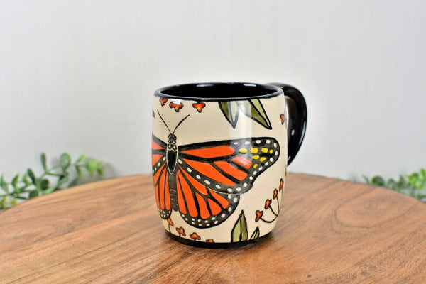 Monarch Butterfly Handmade Pottery Mug, Ceramic Coffee Cup, Stoneware Hand Painted, Orange, Black, Yellow, White Butterfly, Microwave Safe