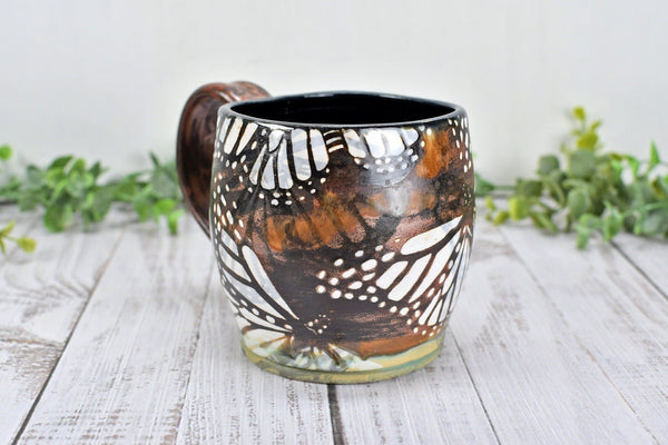 Monarch Butterfly Handmade Ceramic Coffee Mug, Copper Glazed Pottery Seconds Stoneware Cup - Orange, Green, White, Black - Her Unique Gift
