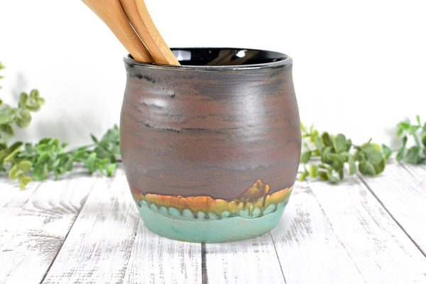 Bronze Ceramic Utensil Holder Crock for Kitchen Countertop, Pottery Organizer in Sage Verdigris Green, Flower Pot, Housewarming Gift