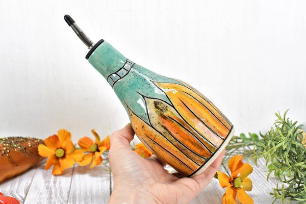 Handmade Ceramic Olive Oil Dispenser Cruet, Hand Carved & Hand Painted Sunflower Stoneware Pottery Kitchen Decor in Teal, Orange, Gift