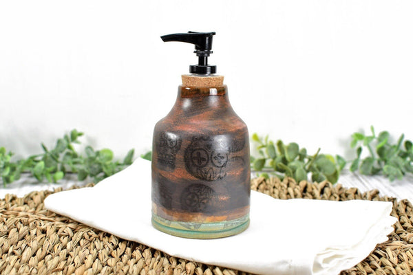 Handmade Ceramic Lotion / Soap Dispenser with Sugar Skulls, Stoneware Pottery in Copper Green Bronze Teal for Bathroom & Kitchen Home Decor