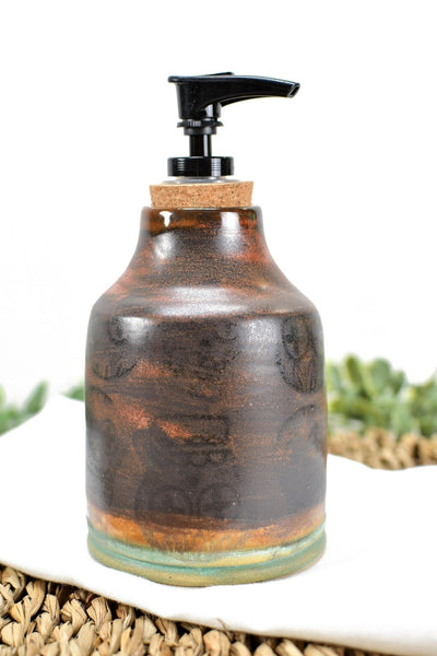 Handmade Ceramic Lotion / Soap Dispenser with Sugar Skulls, Stoneware Pottery in Copper Green Bronze Teal for Bathroom & Kitchen Home Decor