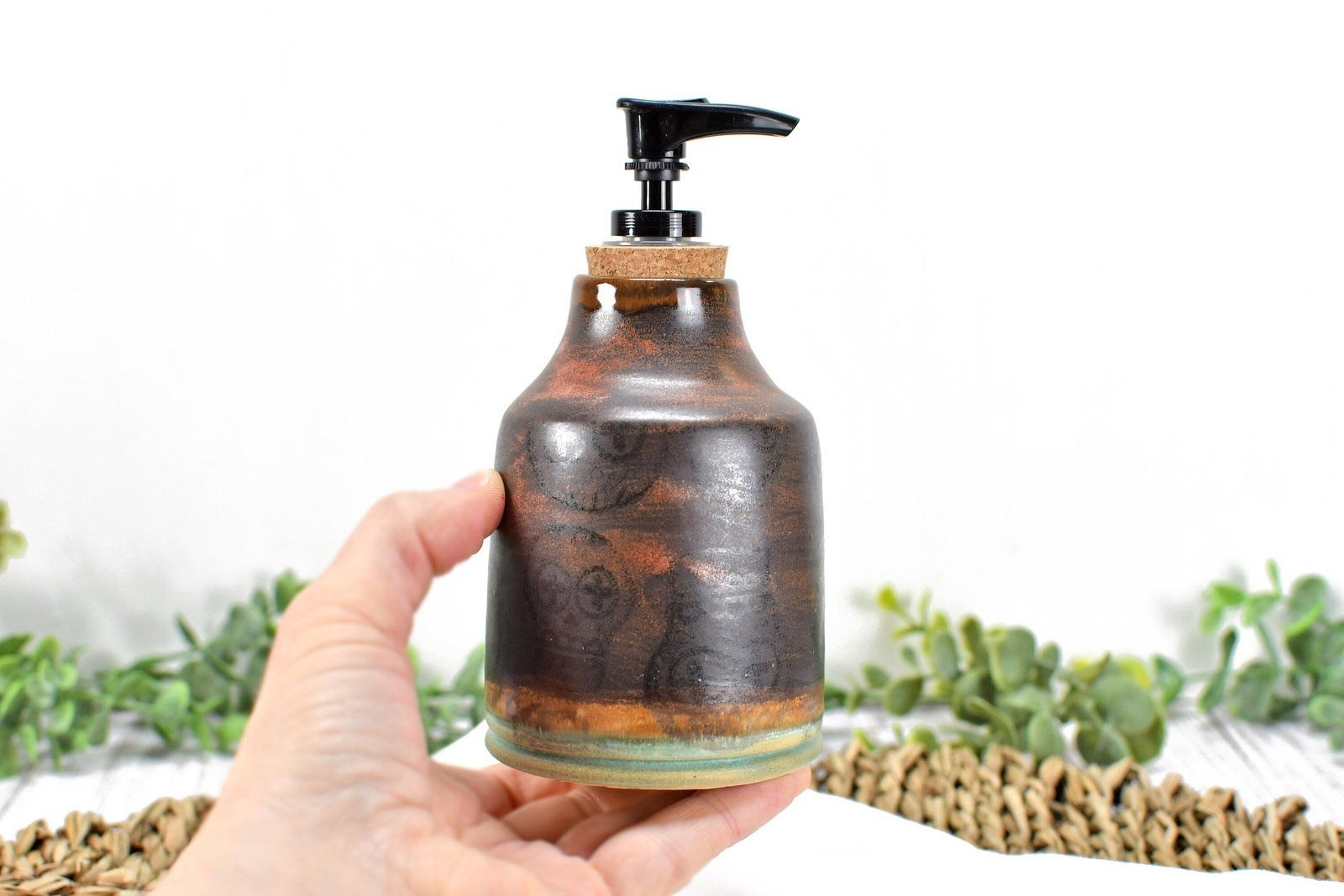 Handmade Ceramic Lotion / Soap Dispenser with Sugar Skulls, Stoneware Pottery in Copper Green Bronze Teal for Bathroom & Kitchen Home Decor