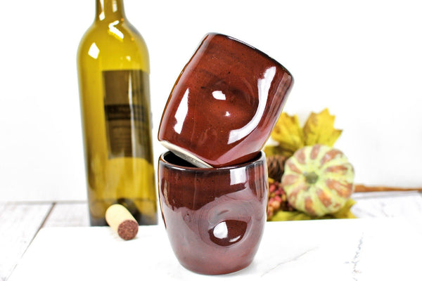Red Stemless Ceramic Wine Tumbler Handmade with Thumb Dent, Cup in Maroon Burgundy Ruby Cabernet Stoneware Pottery Unique Anniversary Gift