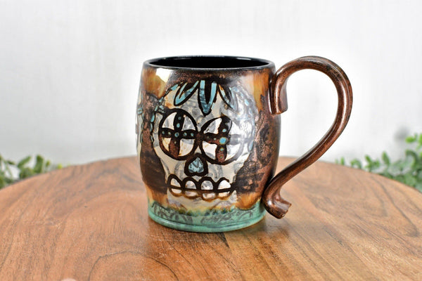Sugar Skull Coffee Mug, Copper & Blue Green Stoneware Pottery Ceramic Cup, Punk Gothic Decor, Handmade Coffee Lover Gift, Day of the Dead