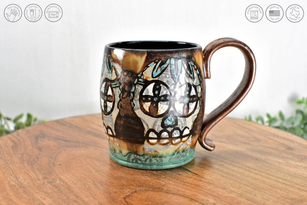 Sugar Skull Coffee Mug, Copper & Blue Green Stoneware Pottery Ceramic Cup, Punk Gothic Decor, Handmade Coffee Lover Gift, Day of the Dead