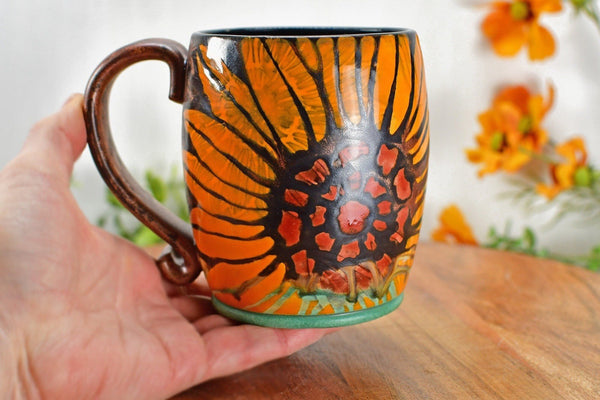 Ceramic Pottery Mug, Sunflower Handmade Stoneware Yellow Brown Coffee Cup, Flowers, Lead Free Glaze, Hand Painted, Green, Orange, Spring