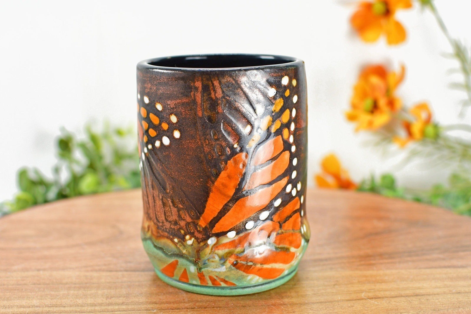Monarch Butterfly Handmade Ceramic Tumbler Cup, Handleless Stoneware Pottery Mug in Copper Bronze for Birthday, Mother's Day, or Anniversary