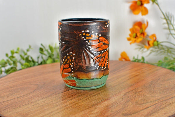 Monarch Butterflies Handmade Ceramic Tumbler Cup, Handleless Stoneware Pottery Mug in Copper Bronze for Birthday, Mother's Day, Anniversary