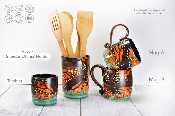 Monarch Butterfly Handmade Ceramic Coffee Mug, Copper Glazed Pottery Stoneware Large Cup - Green, White, Black, Orange - Unique Gift