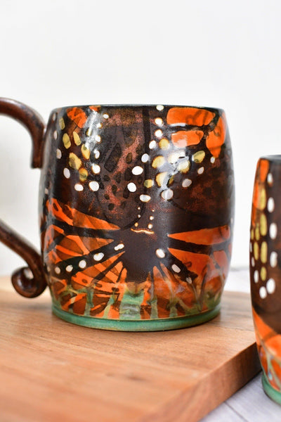 Monarch Butterfly Handmade Ceramic Coffee Mug, Copper Glazed Pottery Stoneware Large Cup - Green, White, Black, Orange - Unique Gift