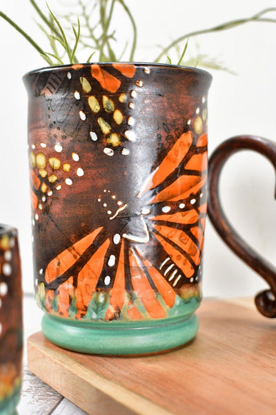 Monarch Butterfly Handmade Ceramic Coffee Mug, Copper Glazed Pottery Stoneware Large Cup - Green, White, Black, Orange - Unique Gift