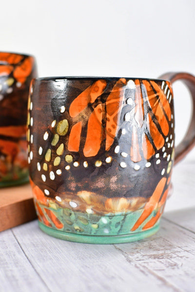 Monarch Butterfly Handmade Ceramic Coffee Mug, Copper Glazed Pottery Stoneware Large Cup - Green, White, Black, Orange - Unique Gift